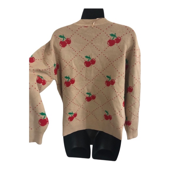 Tan cherry printed v-neck slouchy Mr Rogers grandpa style cardigan size small - Picture 8 of 9